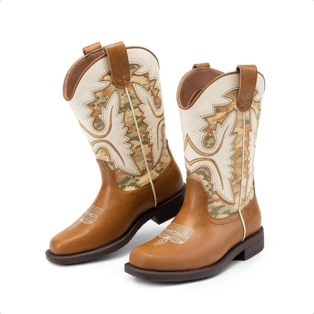 ⚡Girls Camel Cowboy Boots Toddler Mid Calf Western Square Toe Riding Boot